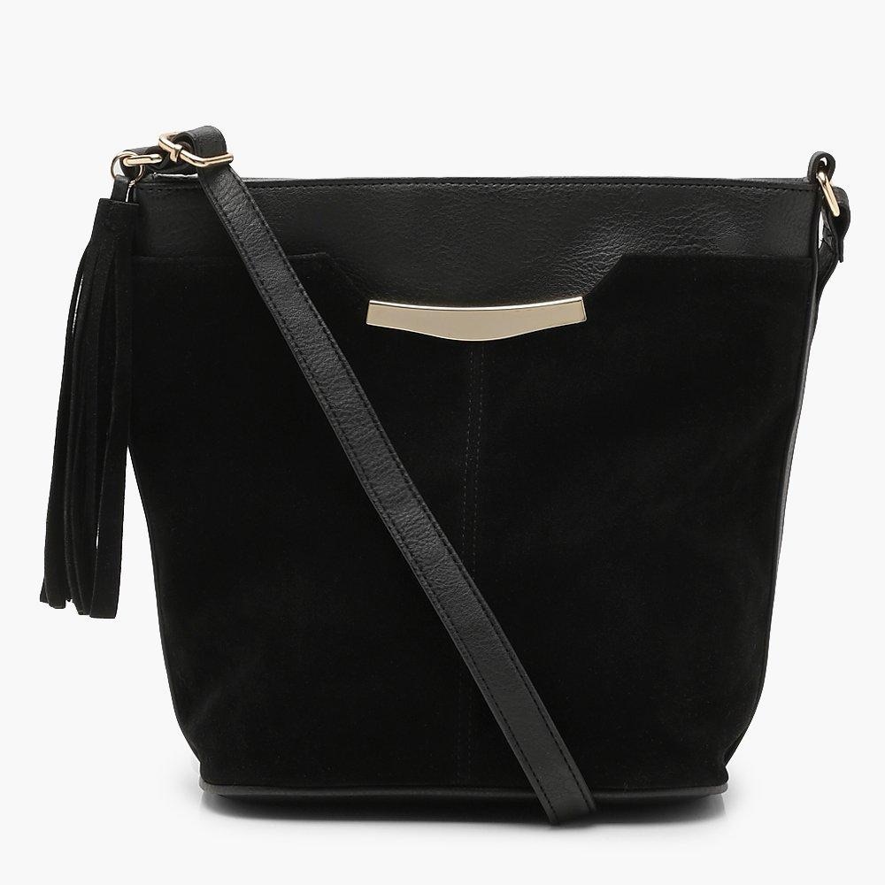 Boohoo Leather & Suede Tassel Crossbody Bag